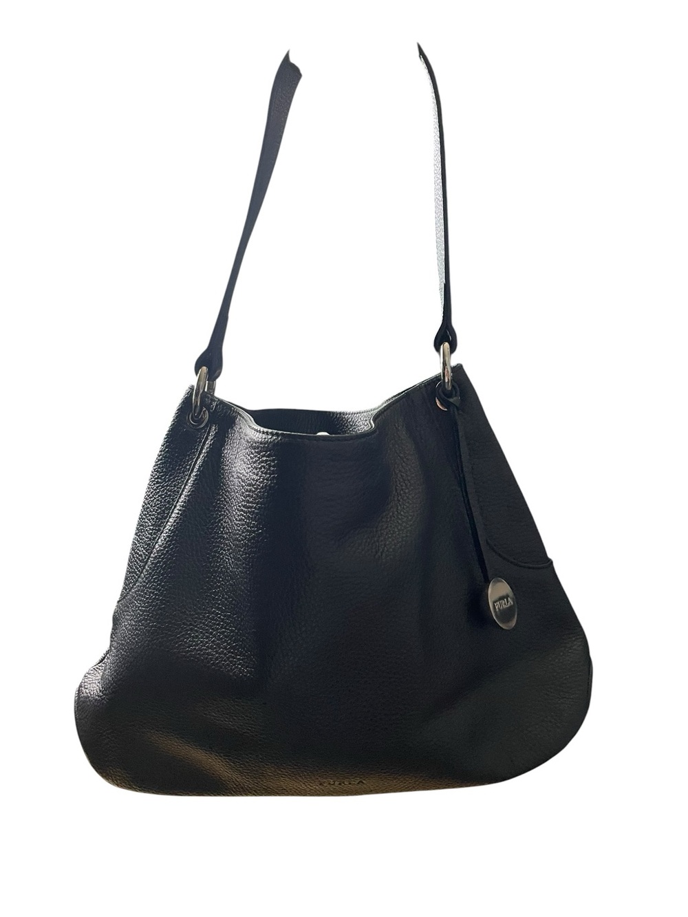 Furla Black Pebbled Leather Hobo Shoulder Bag with Pink Monogram Lining